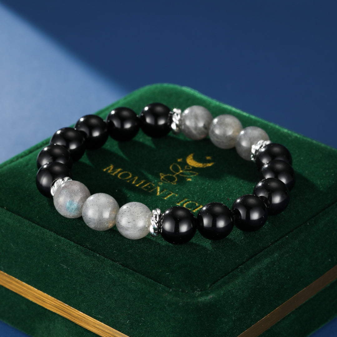Bracelet Homme Obsidienne et Labradorite – Éclipse Intérieure, Argent