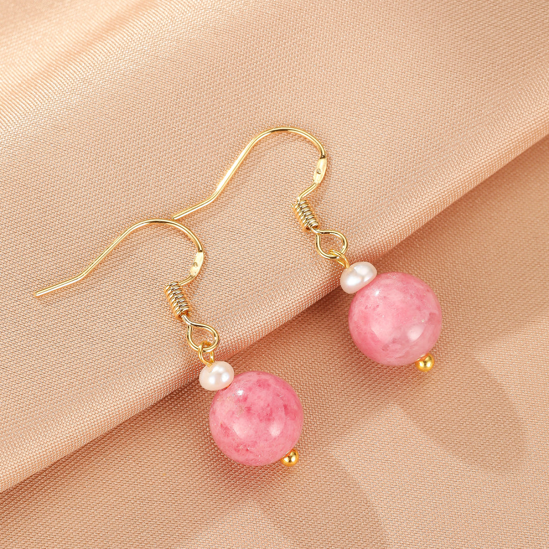 Boucles d’Oreilles Rhodonite et Perle – Éclat Rosé, Argent Plaqué Or