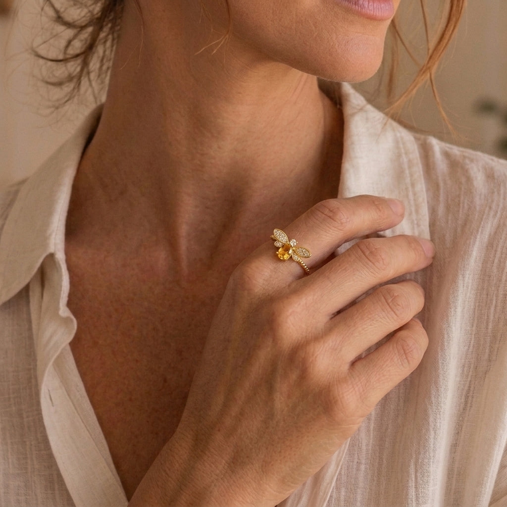 Bague Citrine - Vol Lumineux, Argent Plaqué Or 14K