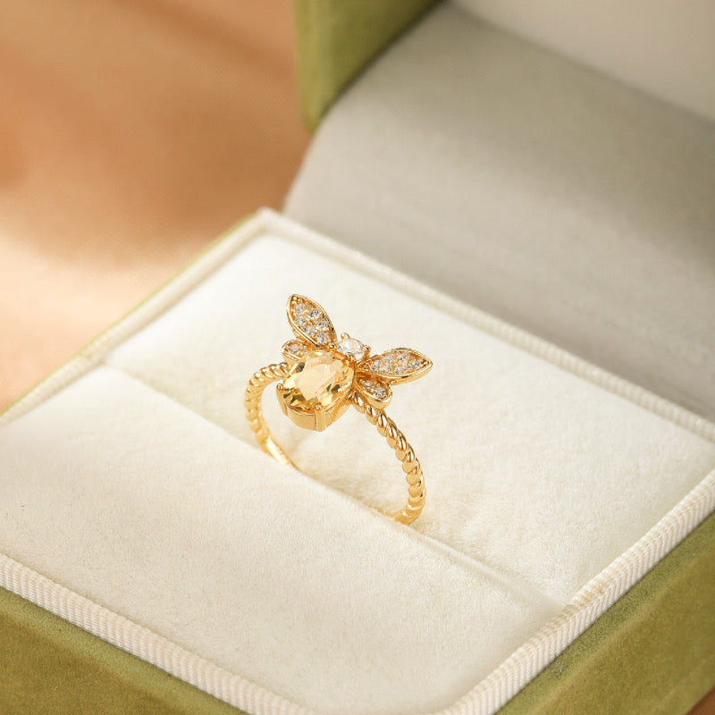 Bague Citrine - Vol Lumineux, Argent Plaqué Or 14K