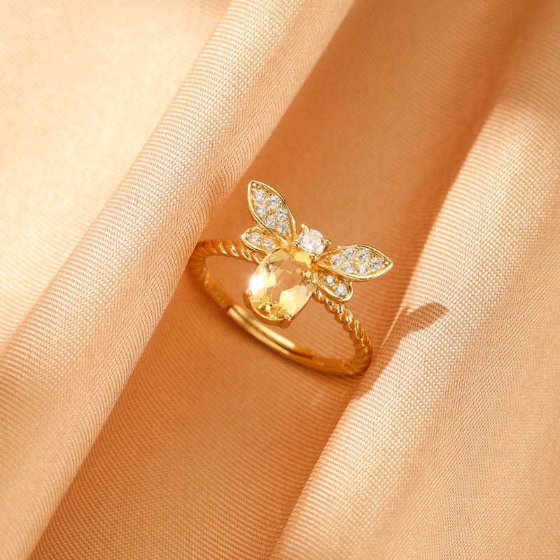Bague Citrine - Vol Lumineux, Argent Plaqué Or 14K