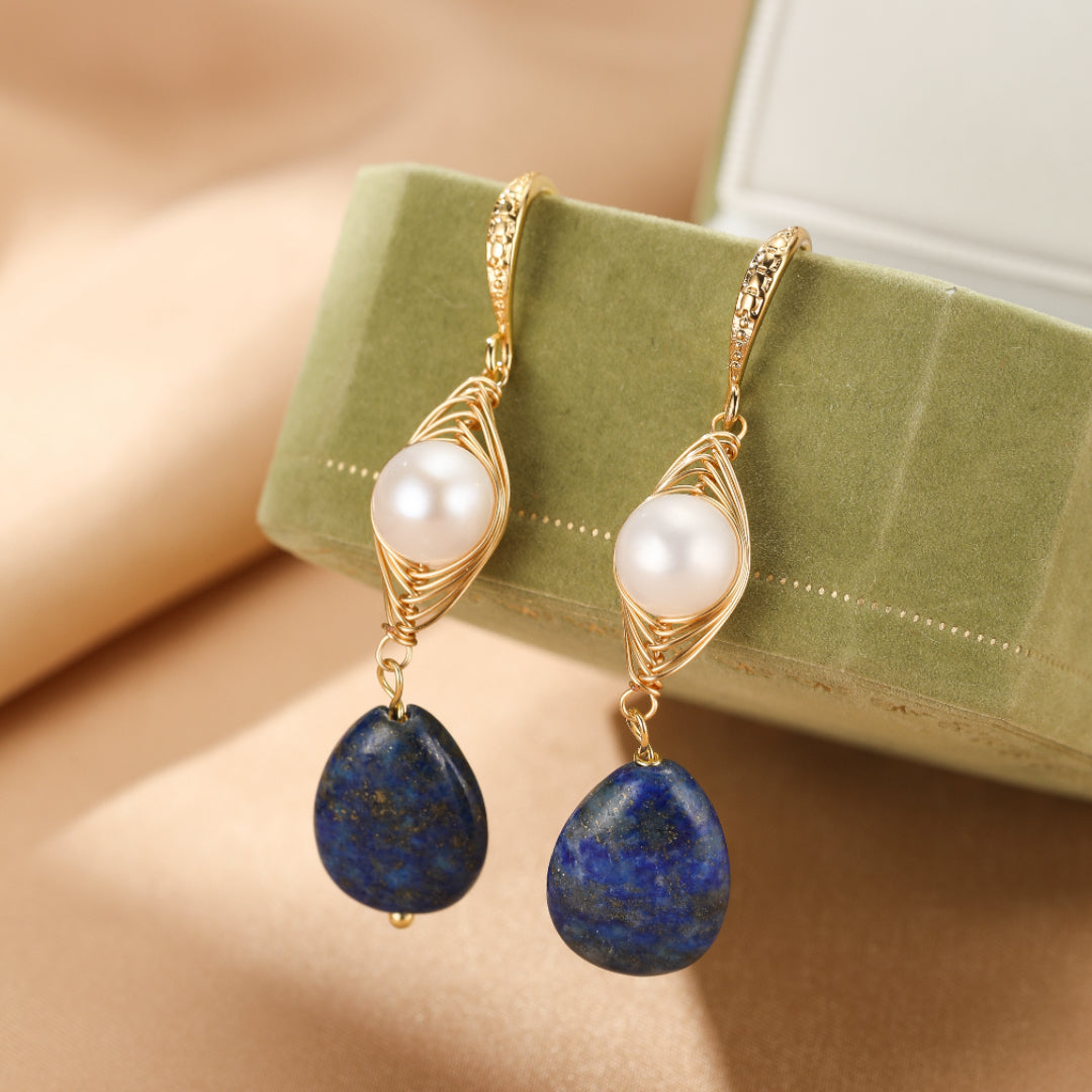 Boucles d'Oreilles Perles et Lapis Lazuli - Blanc et Bleu