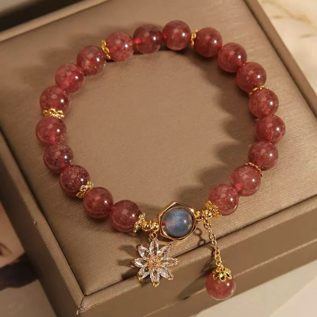 Bracelet Quartz Fraise et Cristal de Roche – Fleur Cosmique