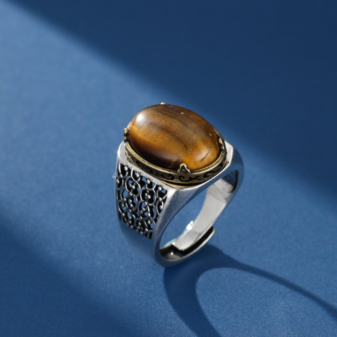 Bague Homme Œil de Tigre – Souverain Magnétique, Argent