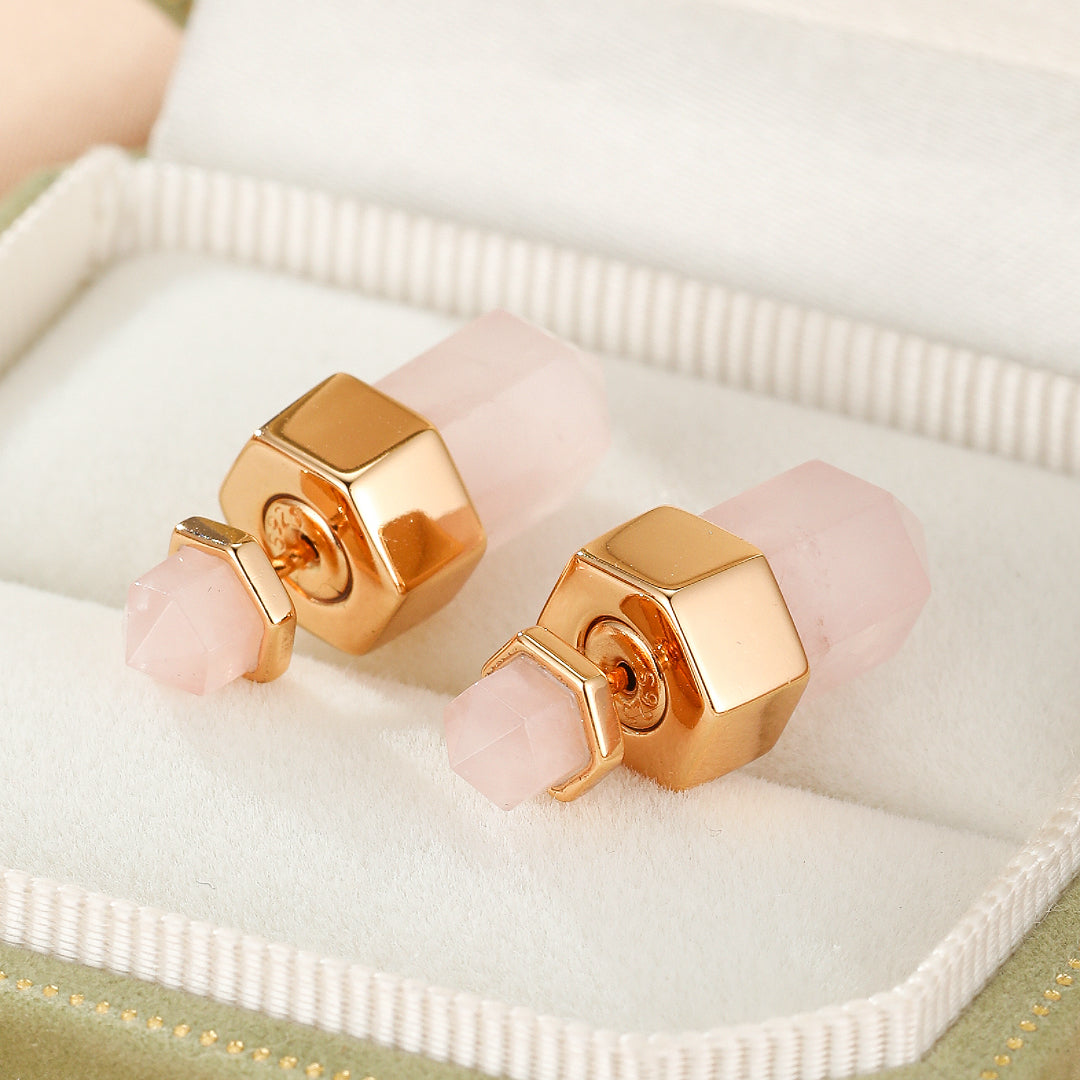 Boucles d’oreilles Quartz Rose – Point de Lumière, Argent Plaqué Or 10K