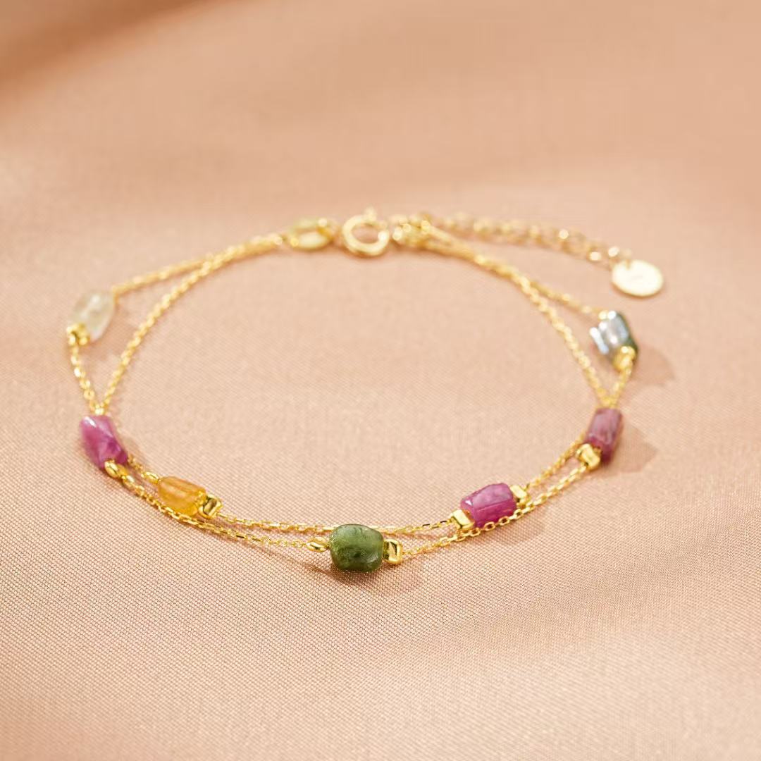 Bracelet Tourmaline – Cristaux Bruts, Argent Plaqué Or