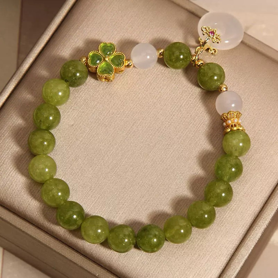Bracelet Tourmaline Verte et Jade – Trèfle Porte-Chance