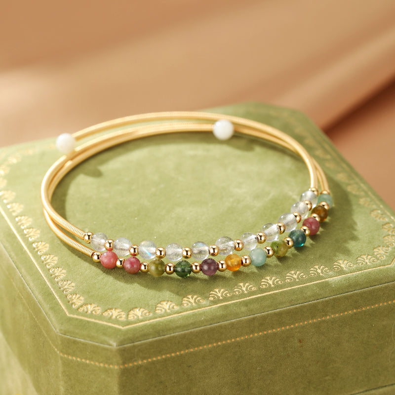 Bracelet Labradorite et Tourmaline – Symphonie Minérale, Plaqué Or 14K