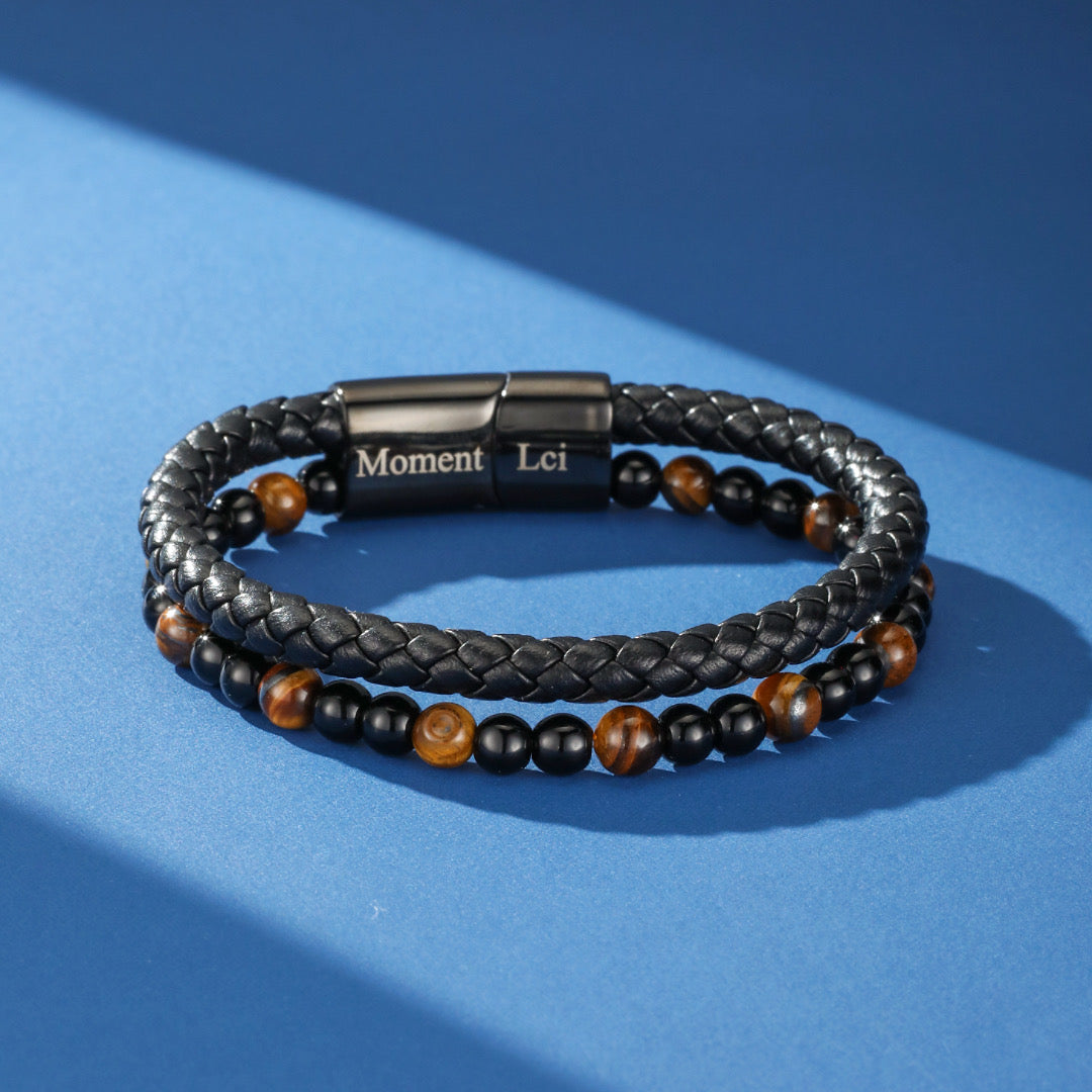 Bracelet Homme Cuir Œil de Tigre ou Pierre de Lave – Triple Force