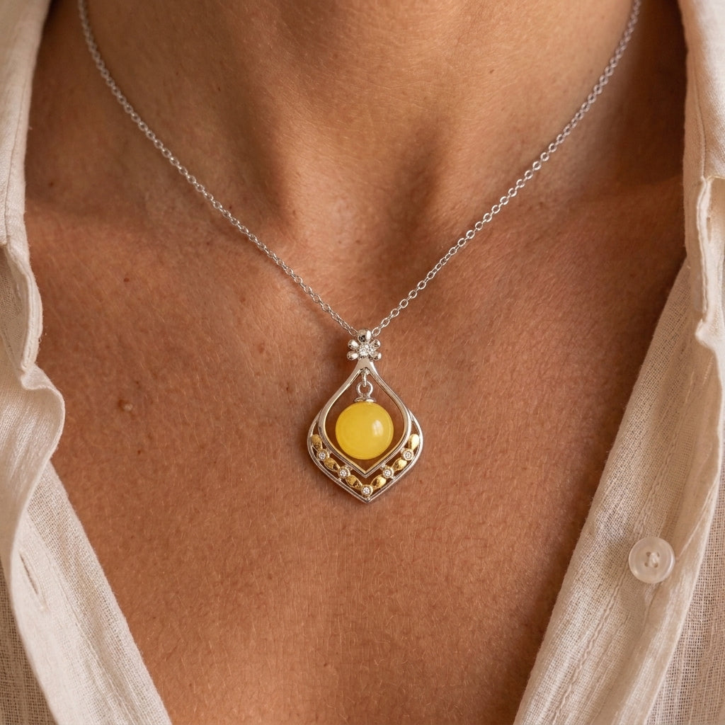 Collier Ambre – Goutte de Soleil, Argent