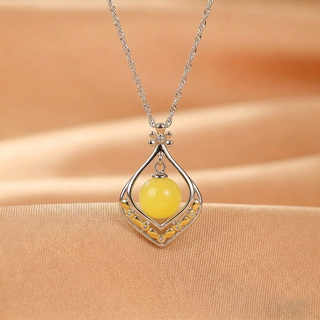 Collier Ambre – Goutte de Soleil, Argent