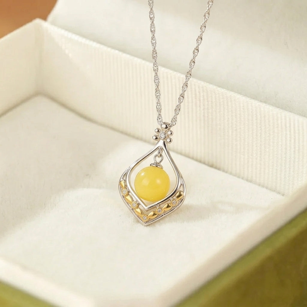 Collier Ambre – Goutte de Soleil, Argent