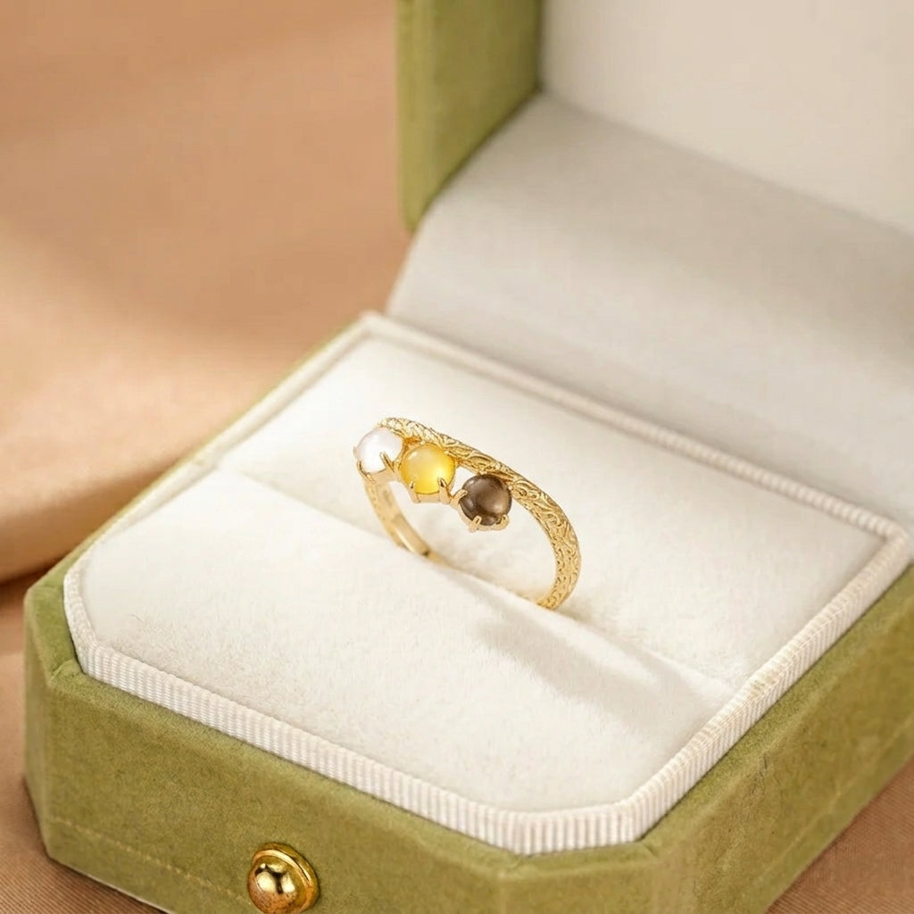 Bague Citrine, Quartz Clair et Quartz Fumé – Énergie de Vie, Argent Plaqué Or