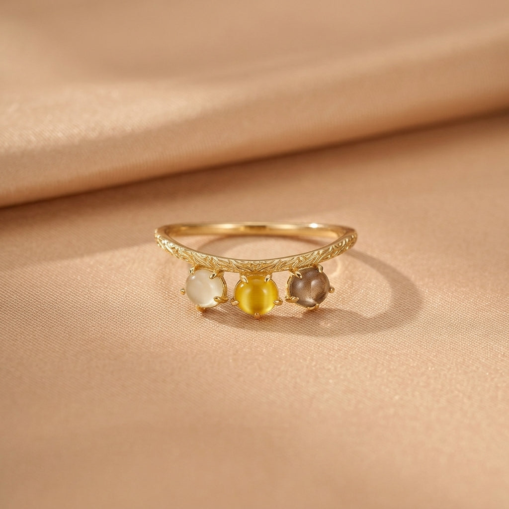 Bague Citrine, Quartz Clair et Quartz Fumé – Énergie de Vie, Argent Plaqué Or