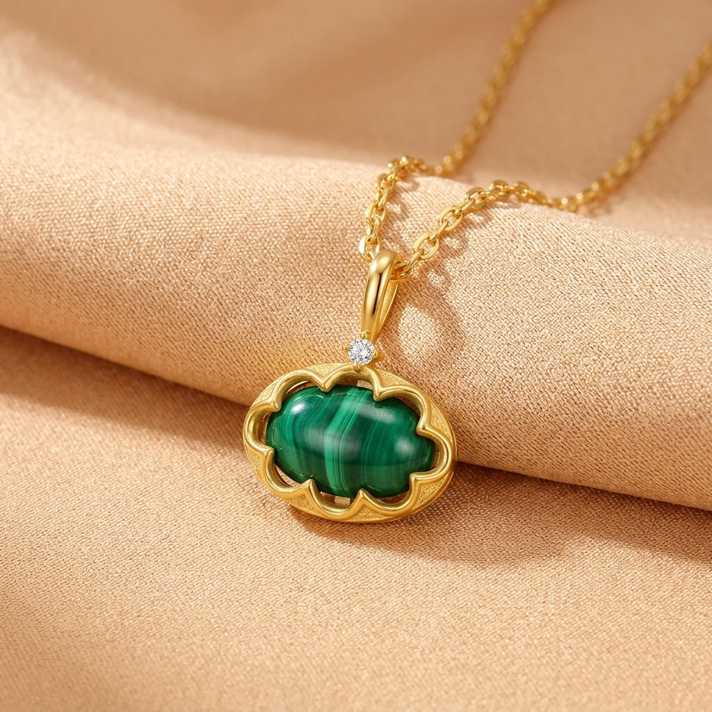 Collier Malachite – Éden Profond, Argent Plaqué Or 10K