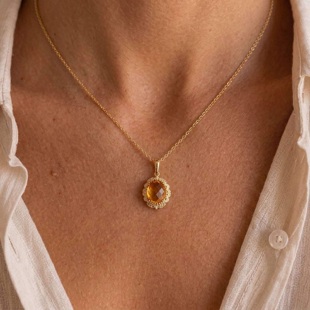 Collier Citrine – Beauté Solaire, Argent Plaqué Or