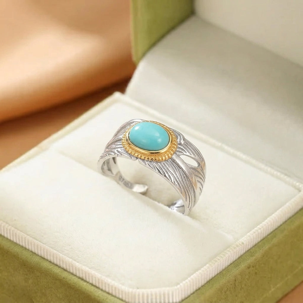 Bague Turquoise – Plume Céleste, Argent et Plaqué Or