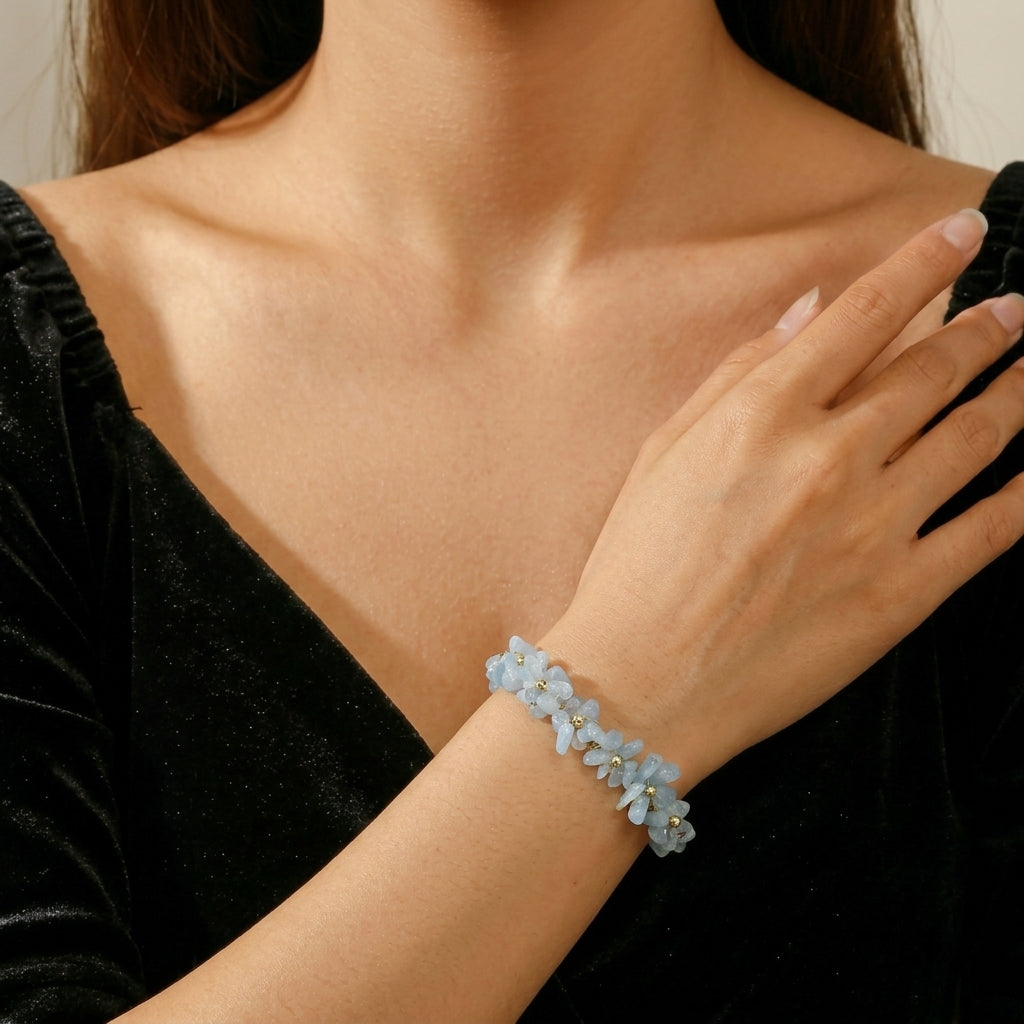 Bracelet Aigue-Marine et Perle – Éclat Aquatique, Laiton plaqué or 14K