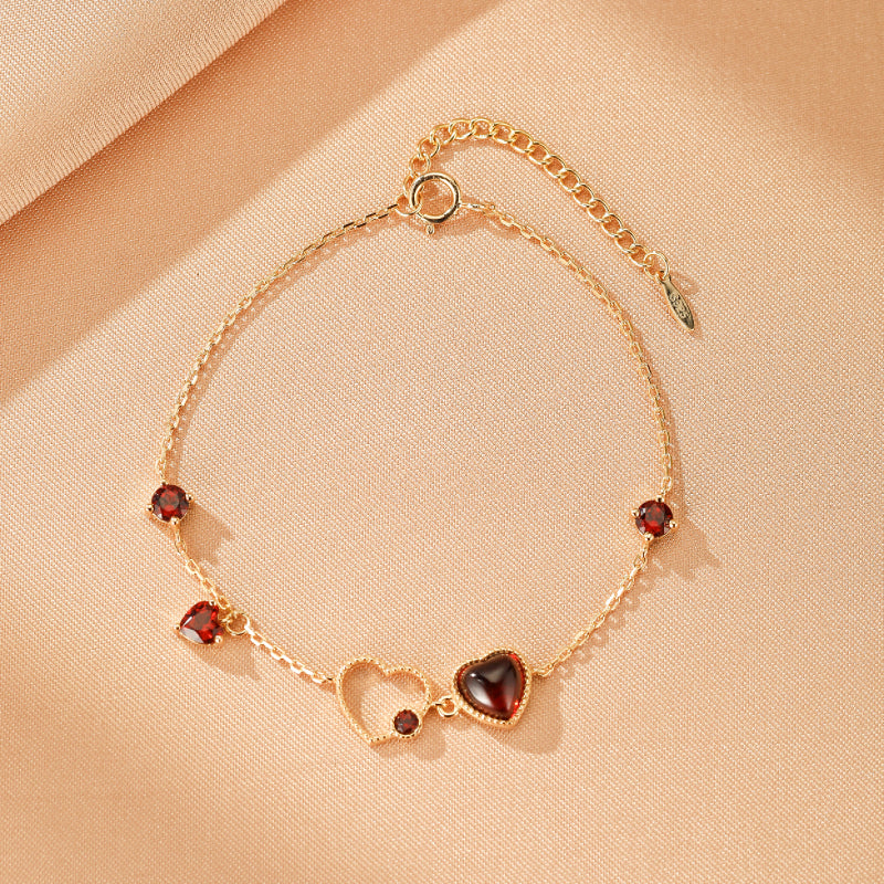 Bracelet Grenat – Cœur Passionné, Argent Plaqué Or 14K