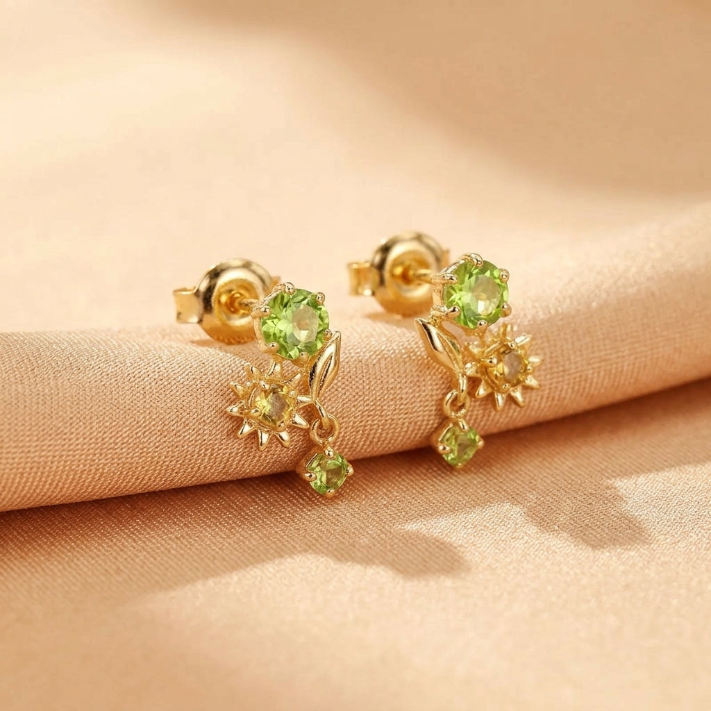 Boucles d'Oreilles Péridot et Citrine – Fleur Ensoleillée, Argent Plaqué Or
