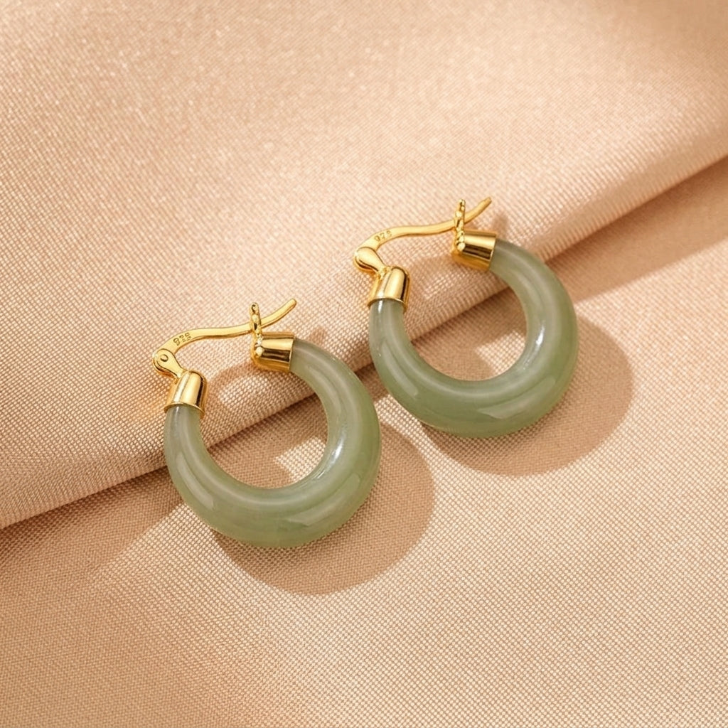 Boucles d'Oreilles Jade Néphrite – Grâce Infinie, Argent Plaqué Or
