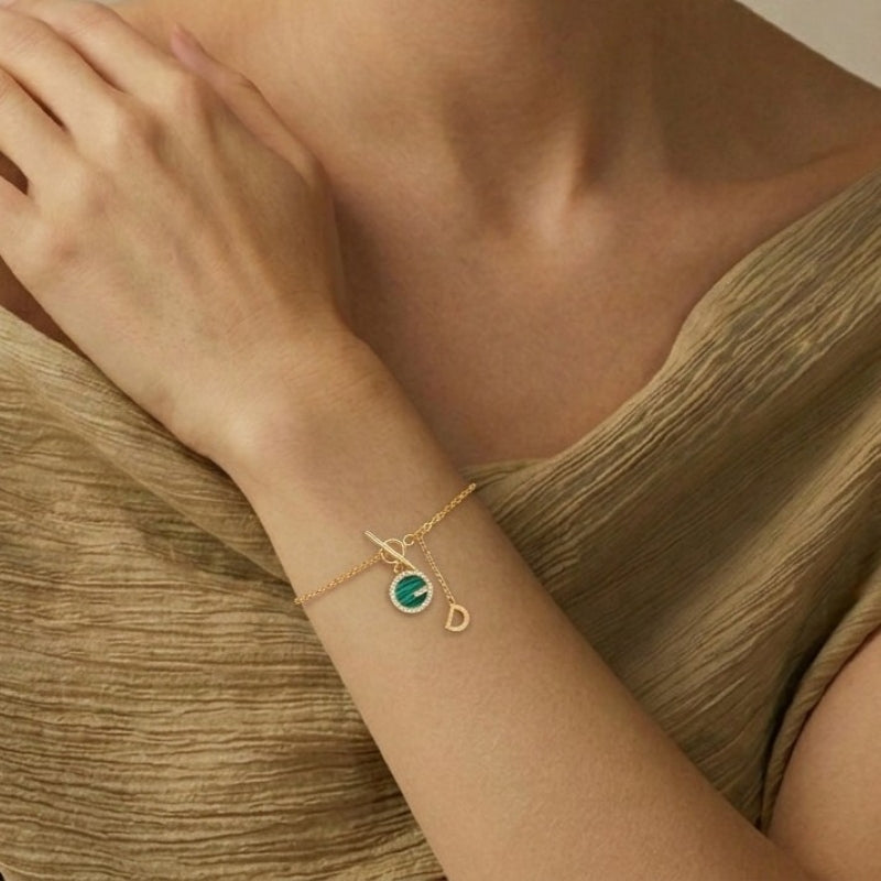 Bracelet Malachite – Lumière Sylvestre, Argent Plaqué Or