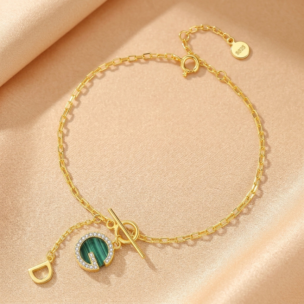 Bracelet Malachite – Lumière Sylvestre, Argent Plaqué Or