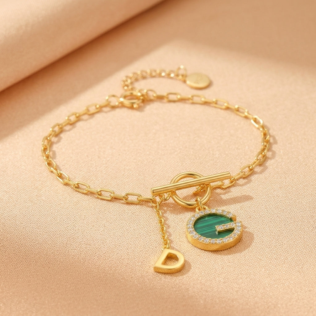 Bracelet Malachite – Lumière Sylvestre, Argent Plaqué Or