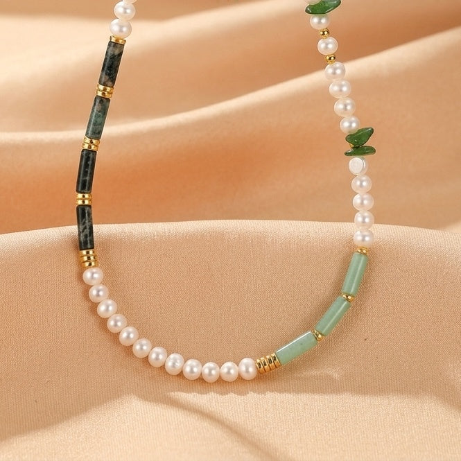 Collier Aventurine et Perle – Onde Apaisante, Argent Plaqué Or