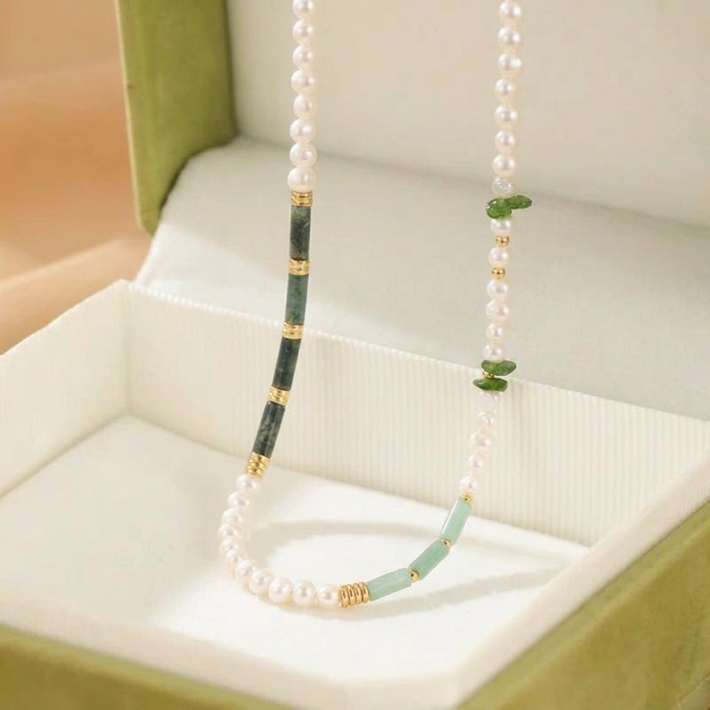 Collier Aventurine et Perle – Onde Apaisante, Argent Plaqué Or