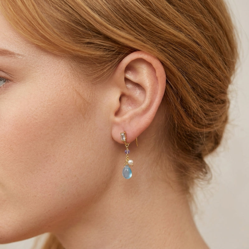 Boucles d'Oreilles Topaze et Perle – Allure Marine, Argent Plaqué Or