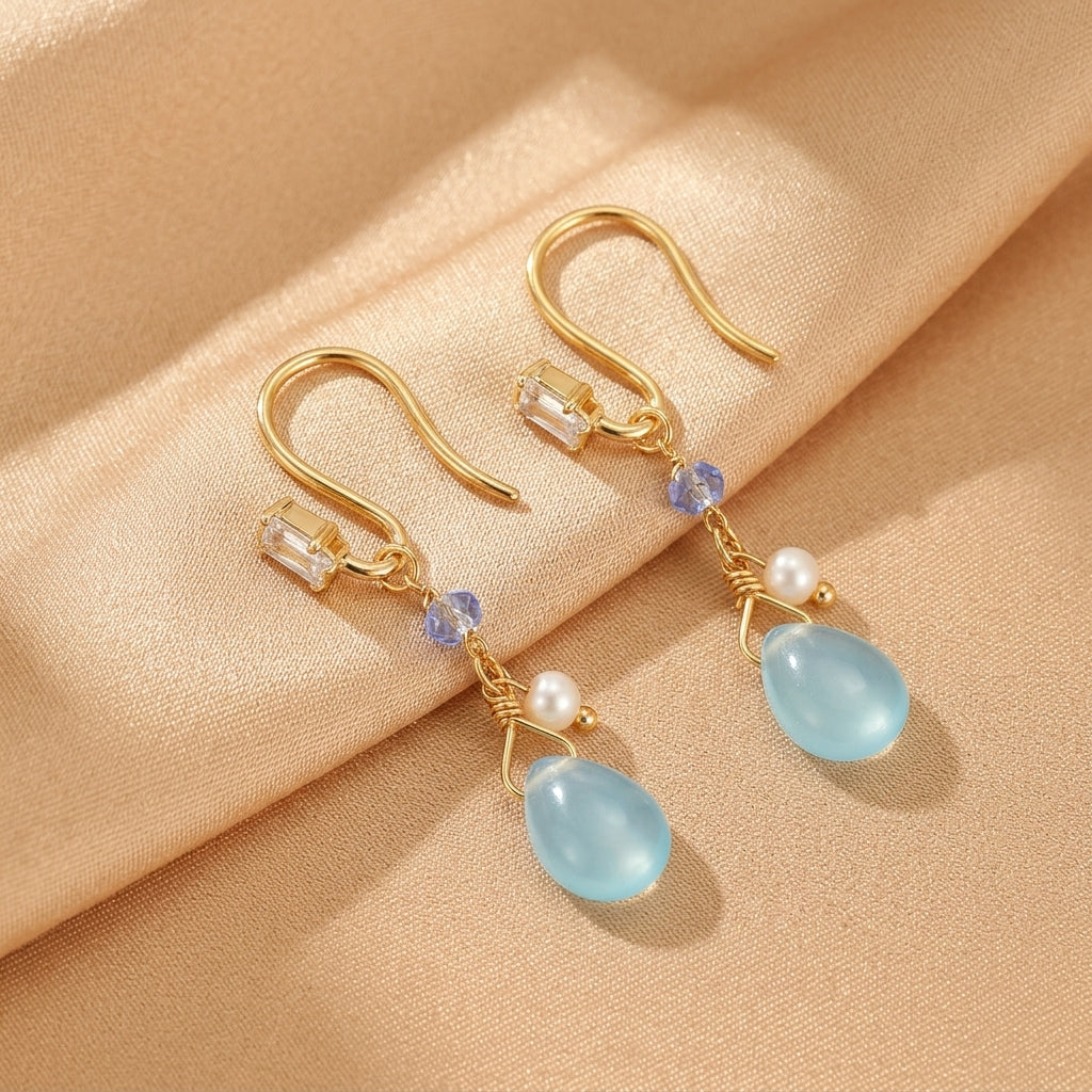 Boucles d'Oreilles Topaze et Perle – Allure Marine, Argent Plaqué Or