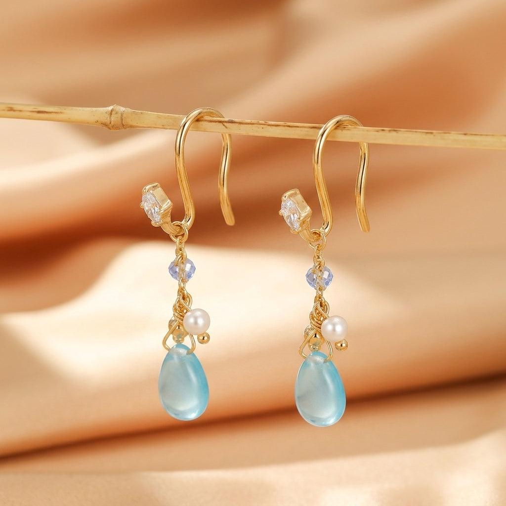Boucles d'Oreilles Topaze et Perle – Allure Marine, Argent Plaqué Or