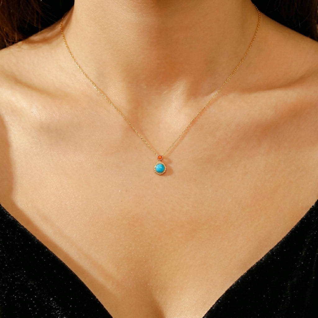 Collier Turquoise et Pierre de Soleil – Énergie Ancestrale, Argent Plaqué Or 14K