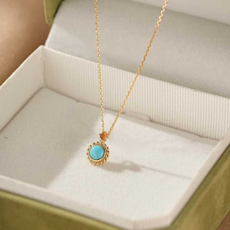 Collier Turquoise et Pierre de Soleil – Énergie Ancestrale, Argent Plaqué Or 14K