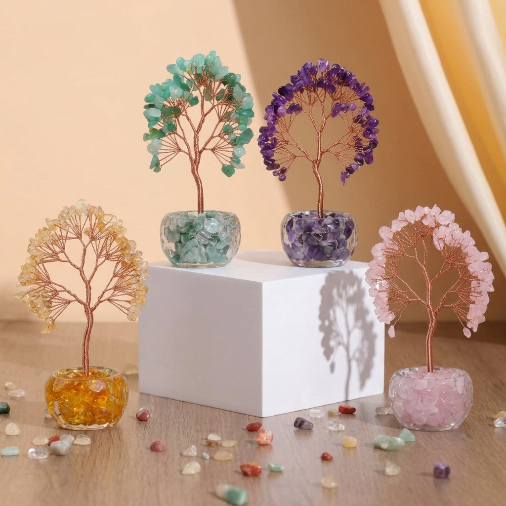 Arbre de Vie Fluorite, Améthyste, Citrine, Quartz Rose – Harmonie Cristalline