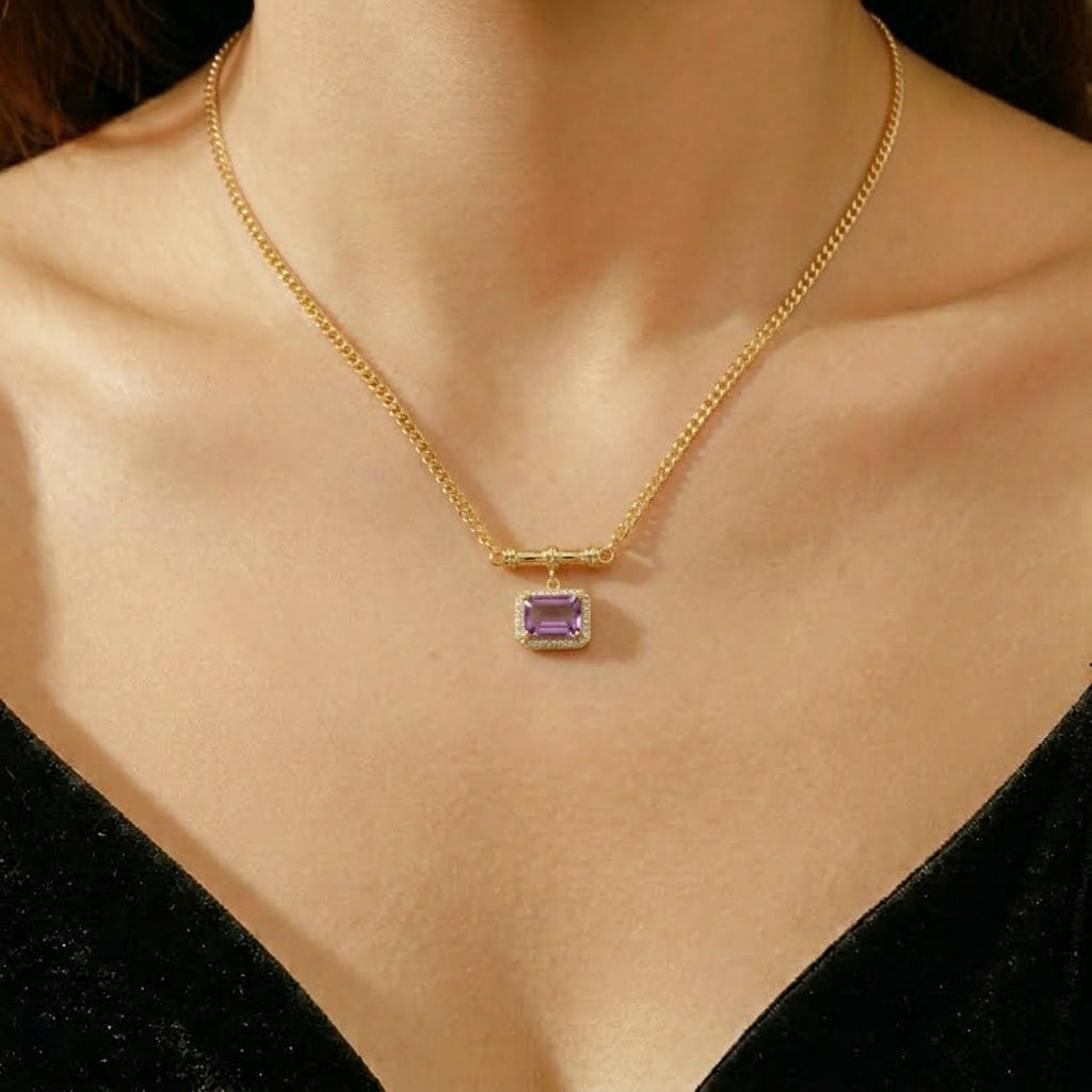 Collier Améthyste – Carré Violet, Argent Plaqué Or
