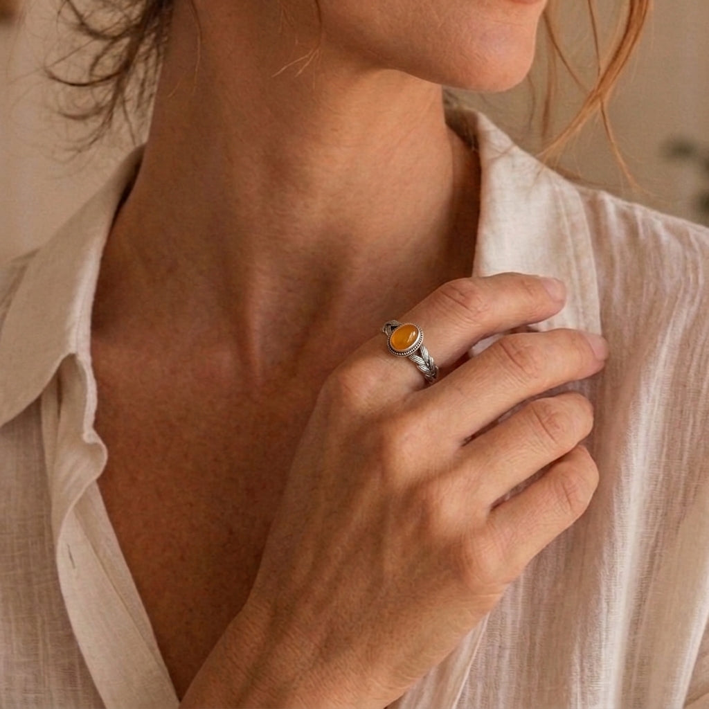 Bague Ambre - Douceur Solaire, Argent