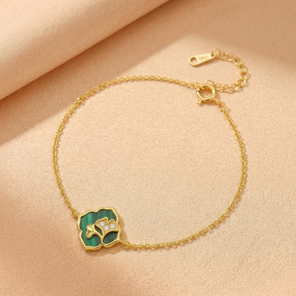 Bracelet Malachite – Éclat Botanique, Argent Plaqué Or