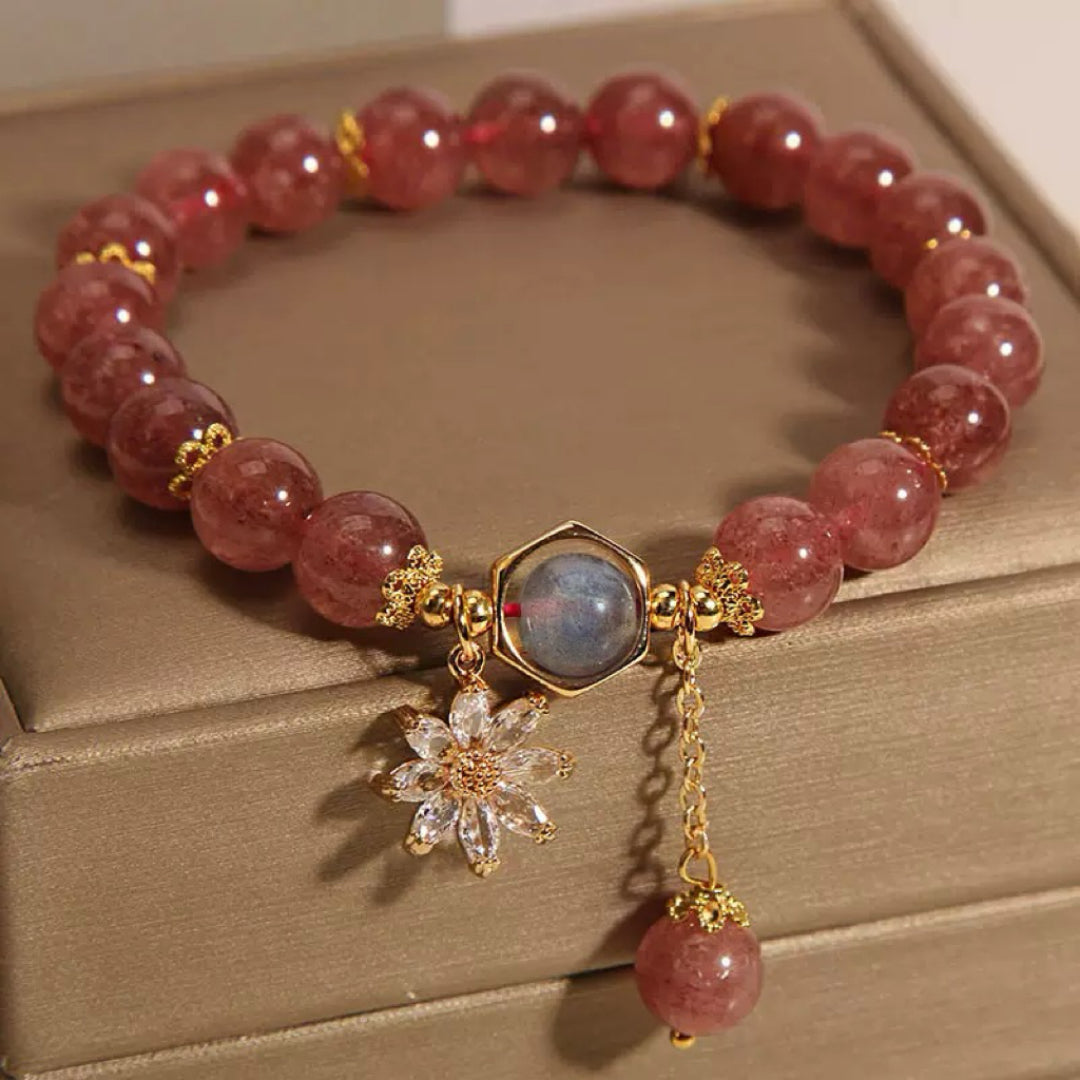 Bracelet Quartz Fraise et Cristal de Roche – Fleur Cosmique