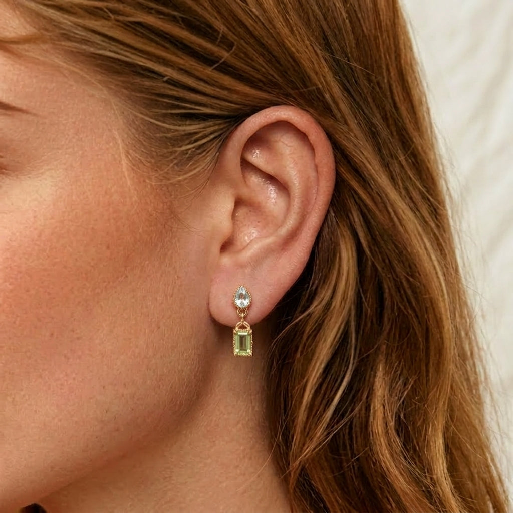 Boucles d'Oreilles Péridot et Topaze – Géométrie Raffinée, Argent Plaqué Or