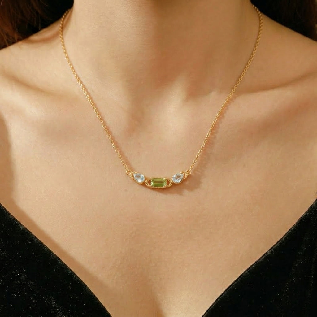 Collier Péridot et Topaze – Géométrie Raffinée, Argent Plaqué Or