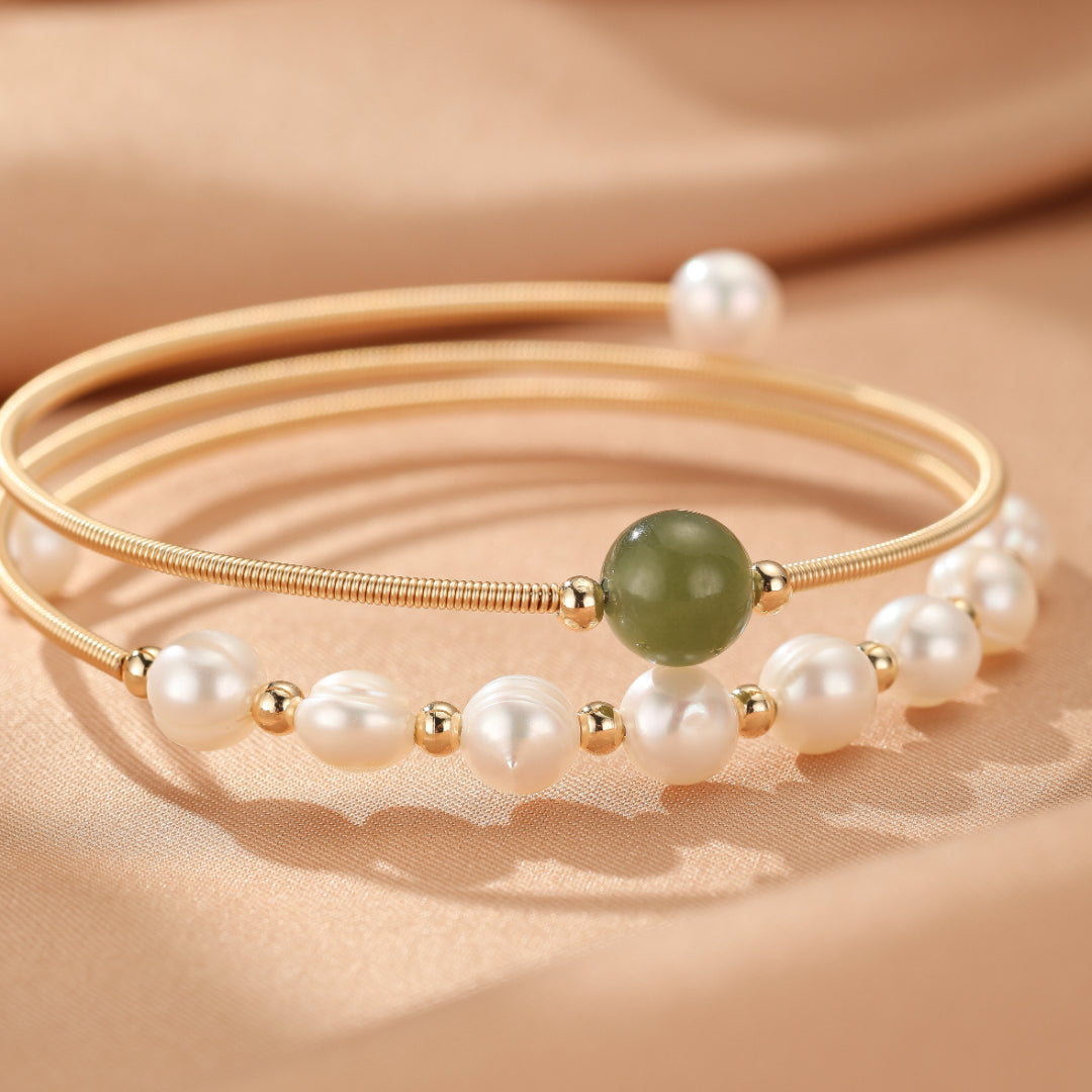 Bracelet Jade Néphrite et Perle – Élégance Pure