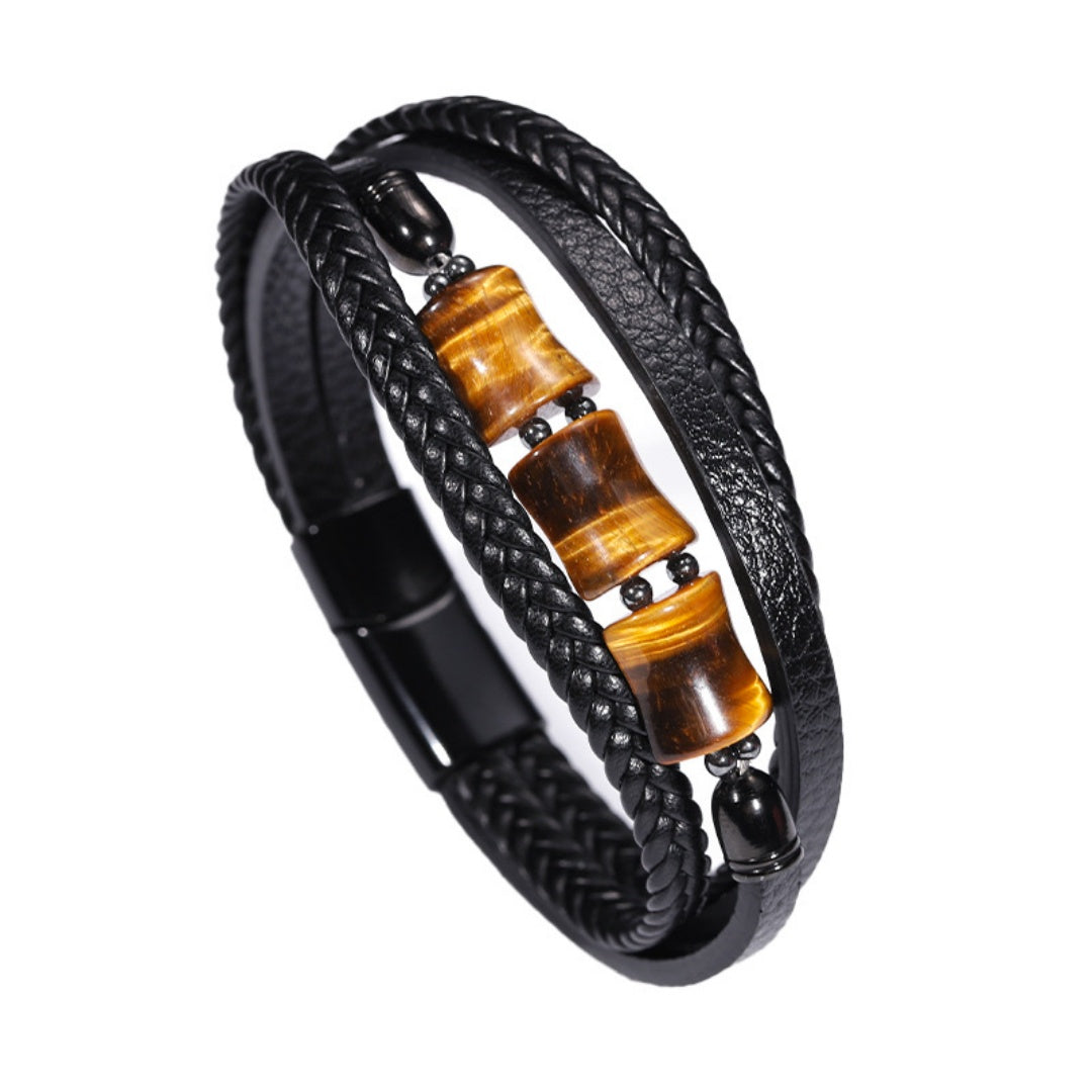 Men's Tiger Eye Leather Bracelet – Sculpted Strength
