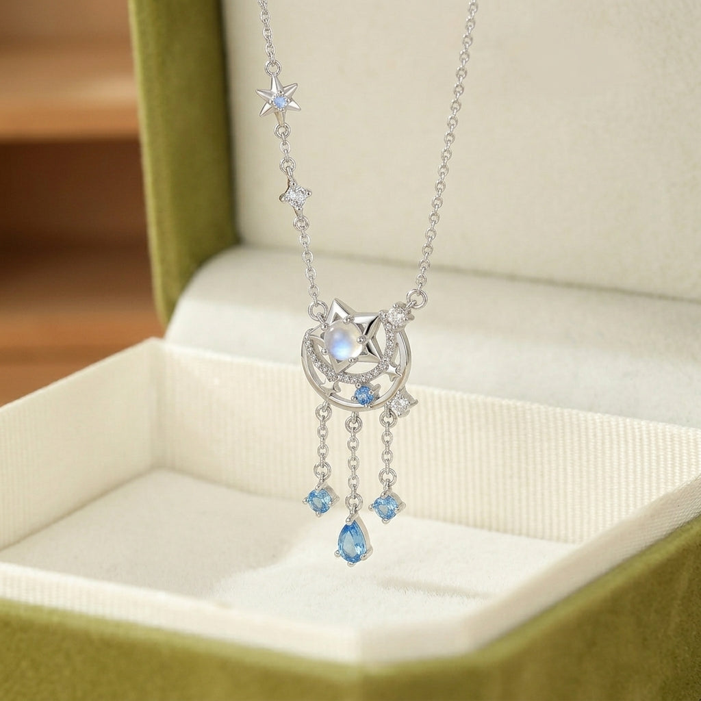 Collier Lune Pierre de Lune et Pierre de Verre – Talisman Lunaire, Argent