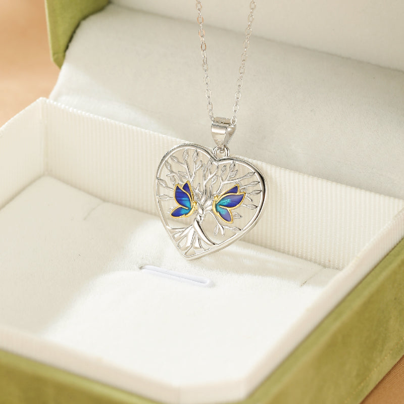 Collier Arbre de Vie – Étreinte Papillon Bleue, Argent 925