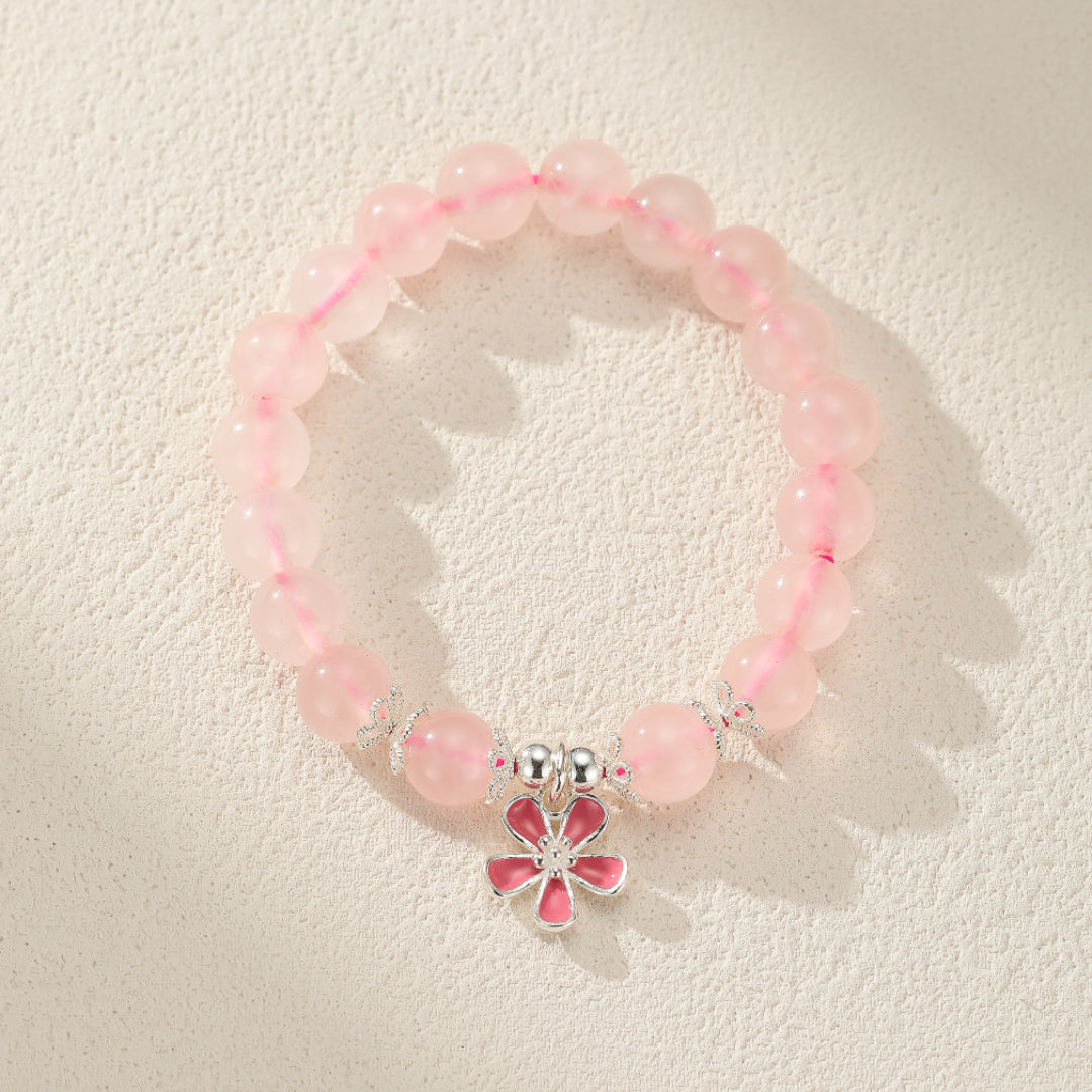Bracelet Enfant Quartz Rose – Fleur de Cœur, Argent