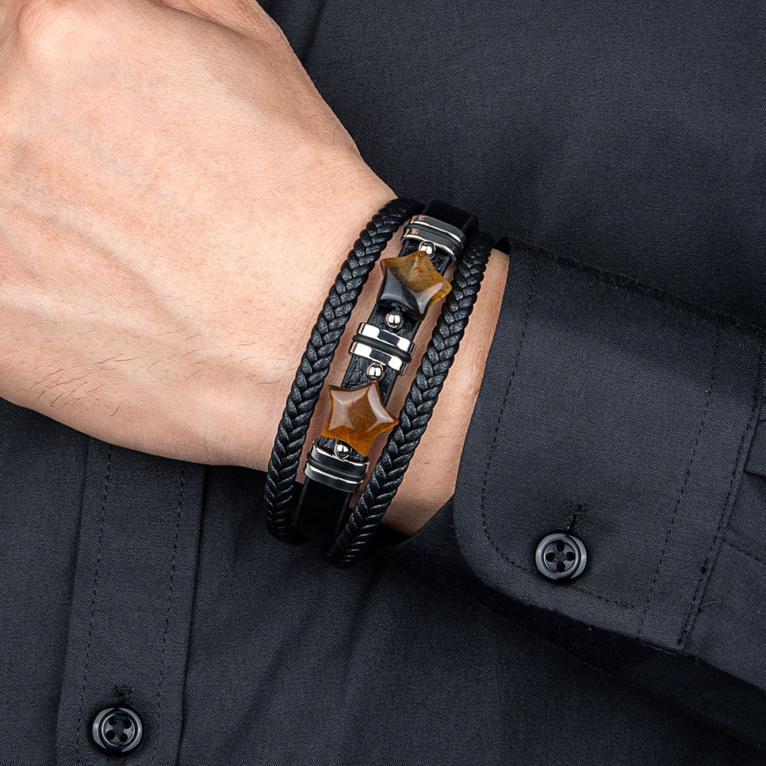 Bracelet Homme Cuir Œil de Tigre – Étoile de Force