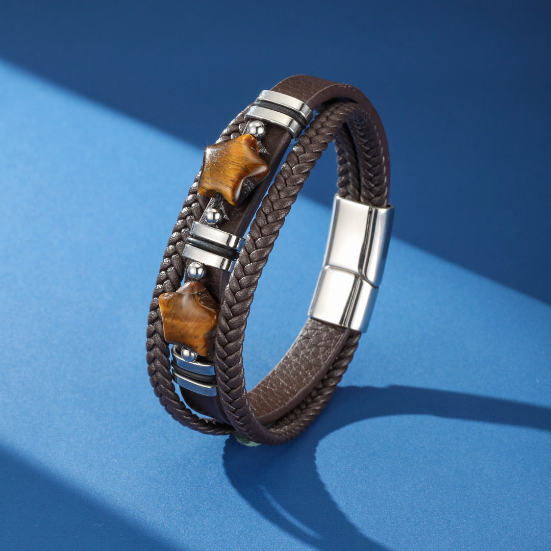 Bracelet Homme Cuir Œil de Tigre – Étoile de Force