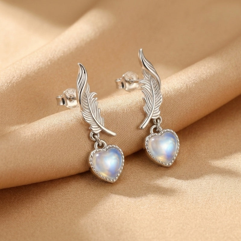 Boucles d'Oreilles Pierre de Lune – Plume Céleste, Argent